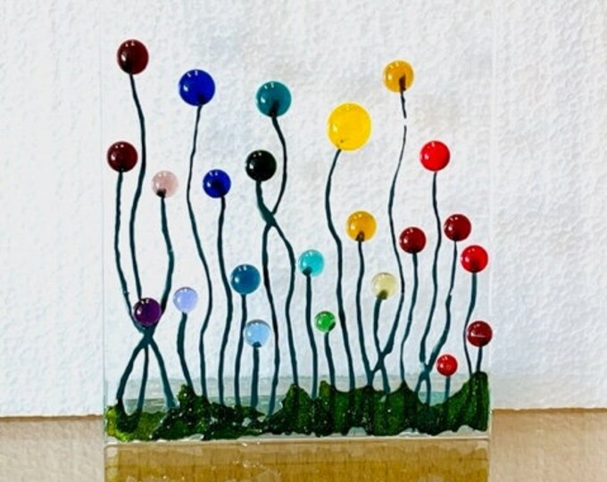 Rainbow Flower Garden, Everlasting Forever Flowers in Fused Glass, Field of Rainbow Flowers, Pet Memorial, Glass Art Flowers on Glass Stand