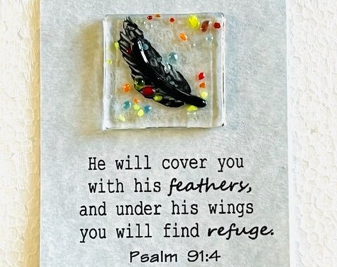 Fused Glass Feather Pocket Coin, Little Gift of Kindness, Gift of Encouragement, Psalm 91:4