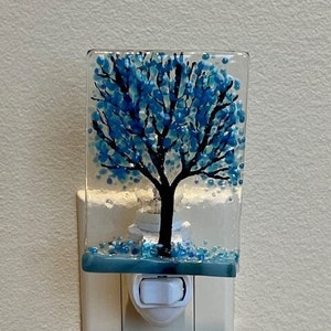 Blue Tree Fused Glass Night Light, Bringing the Outdoors In, Bedroom, Bathroom, Hallway Light, Nature Inspired, Plug In Accent Light
