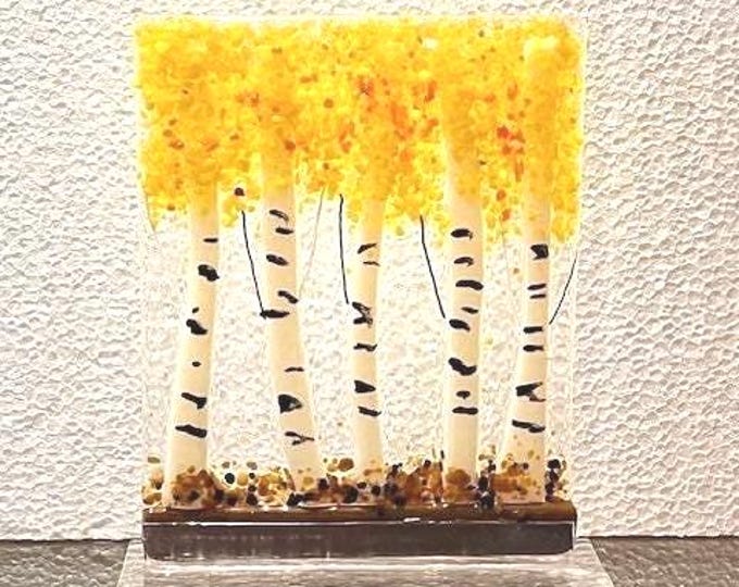 Autumn Aspen Fused Glass Art, Birch Trees, Sun Catcher Window Light Catcher, Shelf Art, Windowsill Art