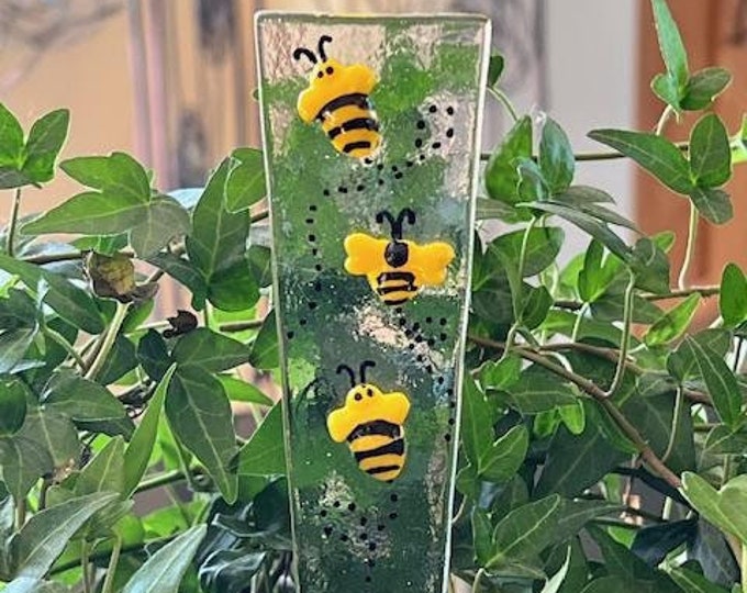 Fused Glass Bee Happy Bumblebee Plant Stake, Indoor or Outdoor Plant Stake, Colorful Glass Plant Stake, Bee Plant Stake