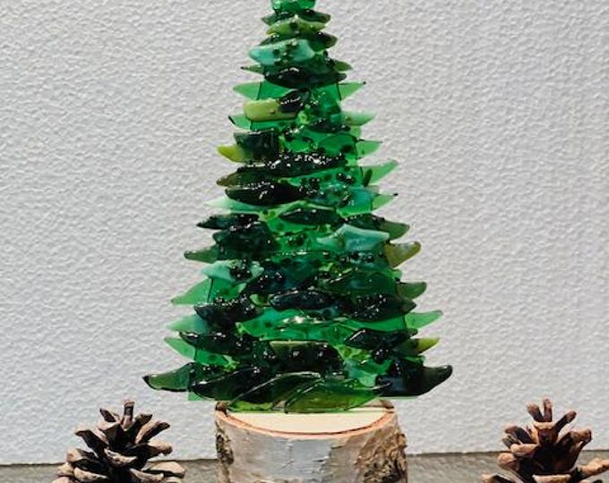 Fused Glass Freestanding Evergreen Tree on wood base, Glass Evergreen Tree, Christmas Tree, Green Glass Tree