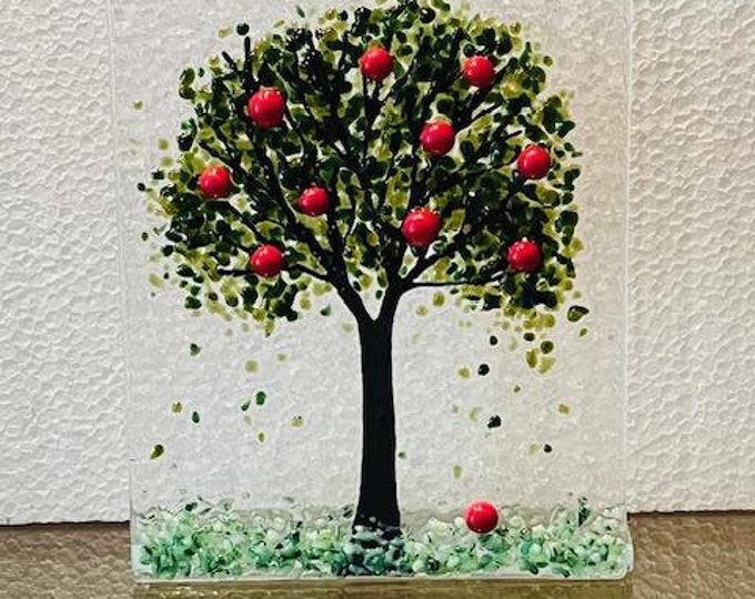 Summer Tree Fused Glass Art, Sun Catcher Window Light Catcher, Shelf Art, Windowsill Art, Glass Apple Tree