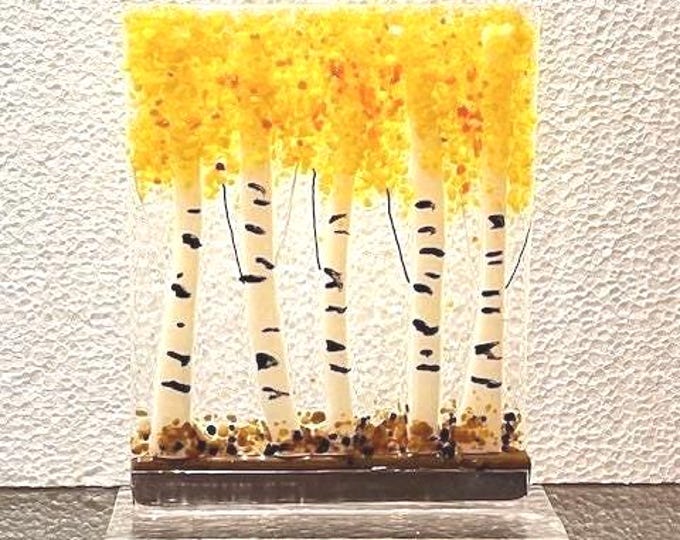 Autumn Aspen Fused Glass Art, Birch Trees, Sun Catcher Window Light Catcher, Shelf Art, Windowsill Art