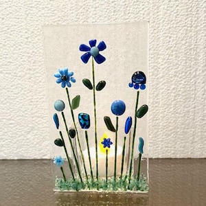 Fused Glass Blue Flower Tealight Holder: Garden Votive