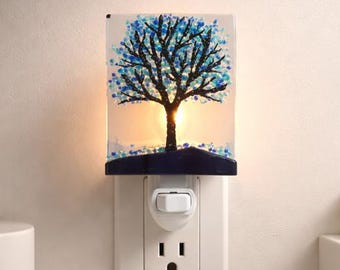 Blue Tree Fused Glass Night Light: Nature Inspired Accent Light