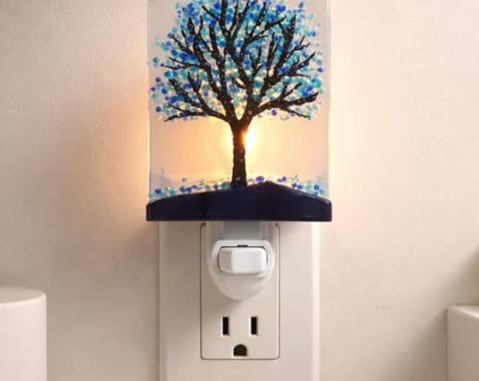 Blue Tree Fused Glass Night Light: Nature Inspired Accent Light
