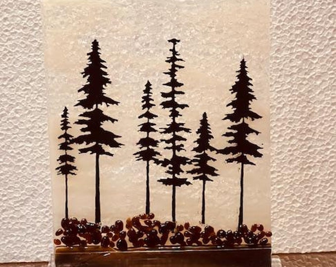 Northwoods Fused Glass Shelf Art, Bringing the Outdoors In, Light Catcher, Table Art, Home Decor, Up North Tree Scene
