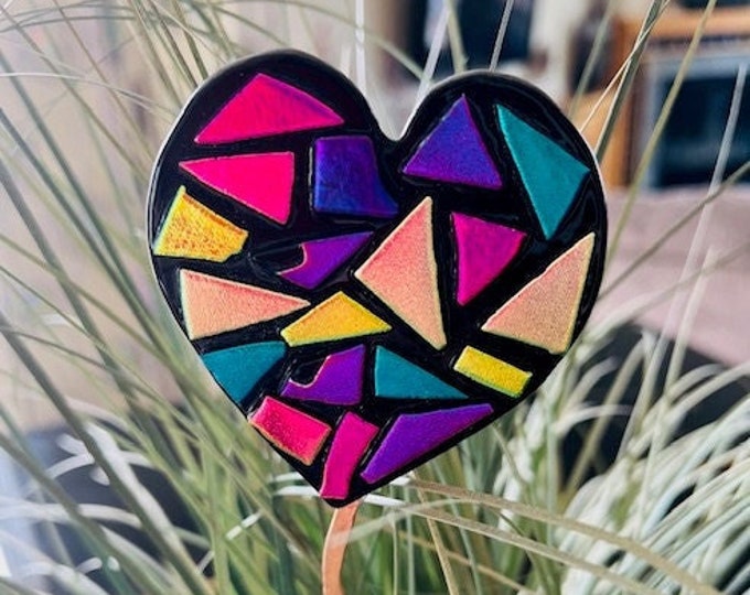 Fused Glass Dichroic Heart Plant Stake, Garden Stake, Indoor or Outdoor Plant Stake on Hammered Copper Stake, Colorful Love Plant Stake