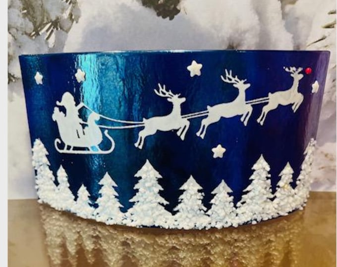 Whimsical Winter Scene Fused Glass Window Sill Art, Curved Santa and Sleigh Art, Holiday Glass Curve, Christmas Decor. Holiday Decoration