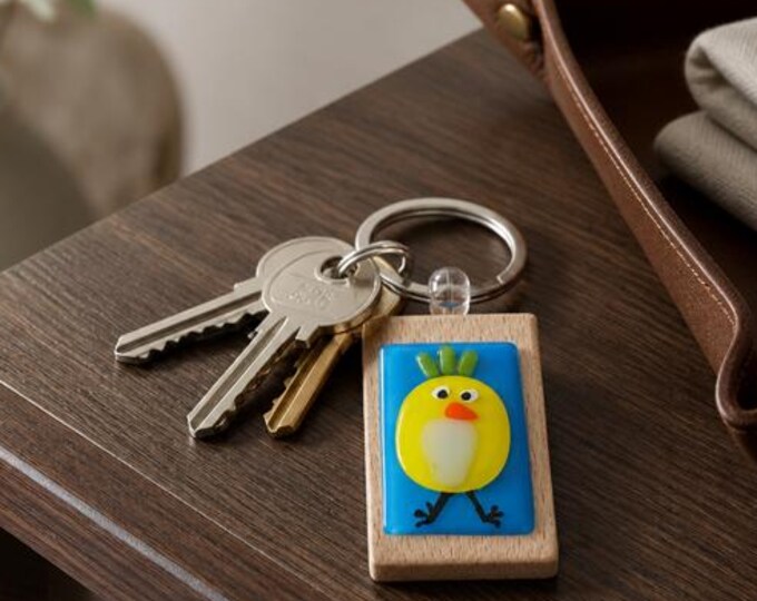Fused Glass Whimsical Bird Key Ring or backpack pull