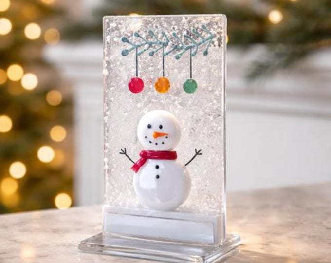 Fused Glass Snowman Shelf Art, Christmas Balls Winter Decoration