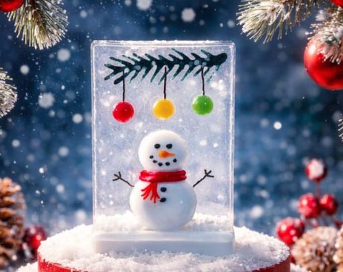 Fused Glass Snowman Shelf Art, Christmas Balls Winter Decoration