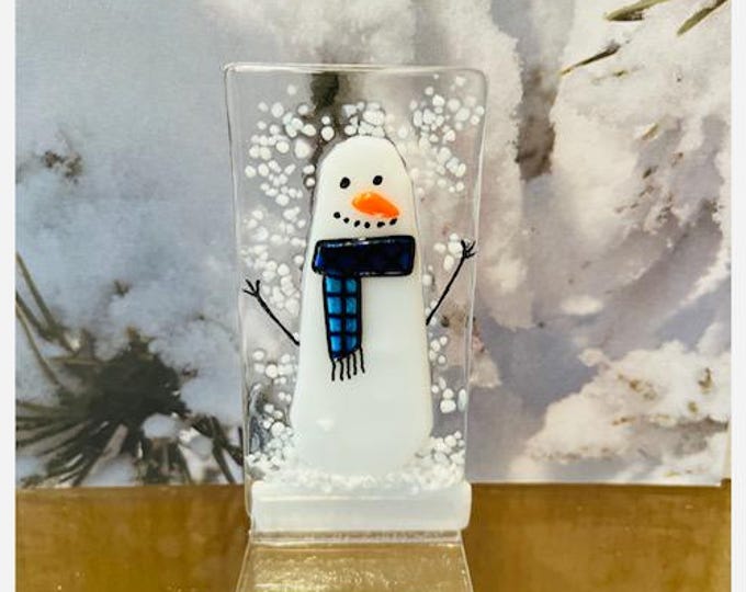 Fused Glass Snowman Shelf Art, Winter Decoration, Jolly Snowman Freestanding Art