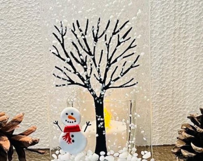 Fused Glass Winter Tree with Snowman Candle Holder, Tree Votive Holder, Winter Tree Tealight Holder, Bringing the Outside In