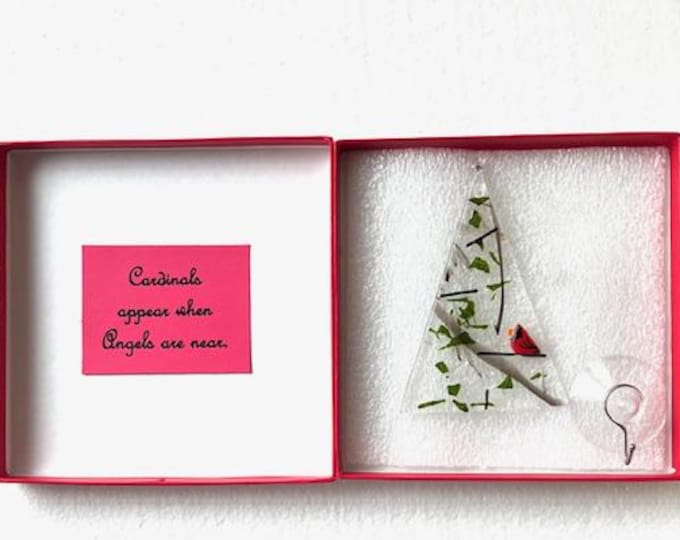 Fused Glass Christmas Tree and Cardinal Suncatcher, Window Decoration, Tree Ornament, Remembrance Ornament