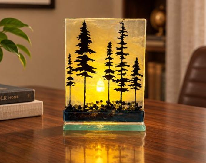 Fused Glass Northwoods Tealight holder: Candle holder 3" x 4"