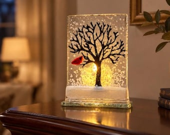Fused Glass Snowy Tree with Cardinal Tealight holder: Candle holder 2.5" x 3.5"