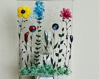 Flower Garden Fused Glass Night Light, Bringing the Outdoors In, Bedroom, Bathroom, Hallway Light, Nature Inspired, Plug In