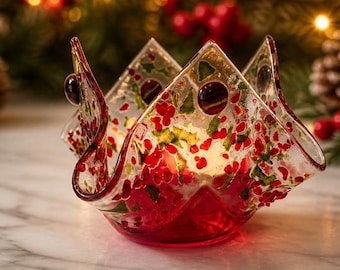 Festive Holiday Tea Light Holder, Christmas Fused Glass Candle Holder