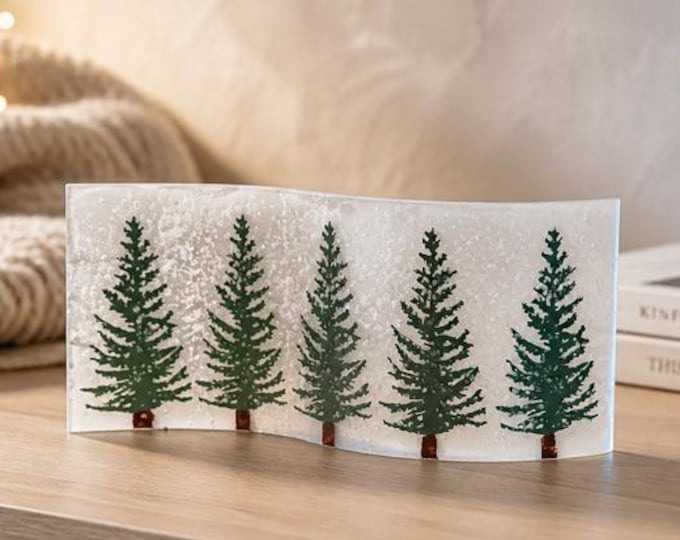 Winter Wonderland Glass Art: Curved Forest Scene, Shelf Decor (10x4")