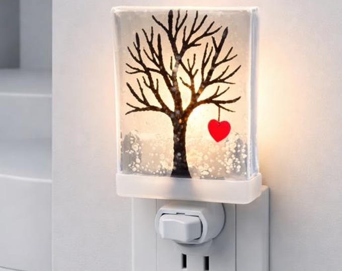 Fused Glass Winter Tree Night Light with Heart
