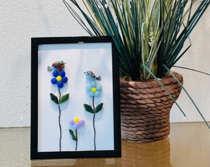 Framed fused glass Birds on Flowers, Whimsical Birds, Flower Art, Table and Shelf Art