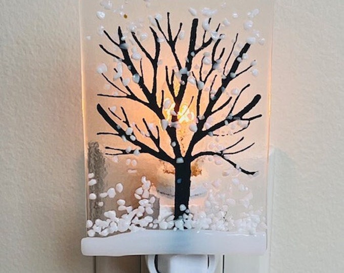 Winter Tree Fused Glass Night Light, Bringing the Outdoors In, Bedroom, Bathroom, Hallway Light, Nature Inspired, Plug In Accent Light