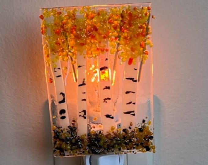 Autumn Golden Aspen/Birch Trees Fused Glass Night Light, Bringing the Outdoors In, Bedroom, Bathroom, Nature Inspired, Plug In Accent Light