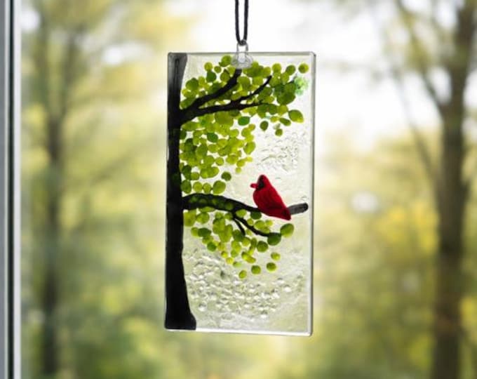 Red Cardinal Bird Sun Catcher: Fused Glass Memorial Gift