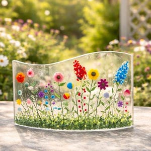Flowery Meadow Fused Glass Art: Curved Window Sill Decor (3.5x7")