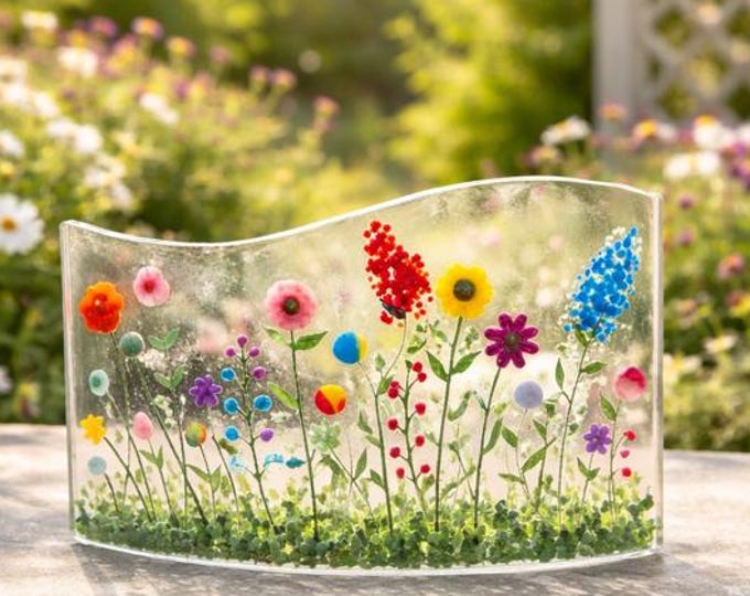 Flowery Meadow Fused Glass Art: Curved Window Sill Decor (3.5x7")