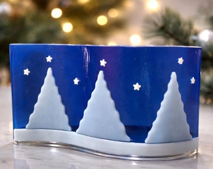 Fused Glass Curved Starry Nights on Iridescent Glass, Winter Night Scene, Windowsill Art