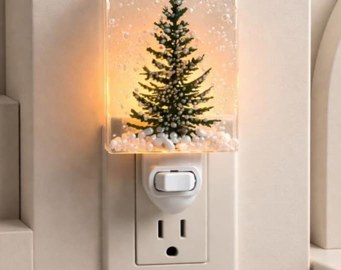 Winter Evergreen Tree Fused Glass Night Light: Nature Inspired Accent Light