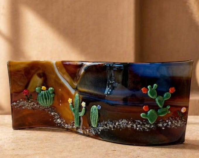 Desert Landscape Fused Glass Art: Curved Shelf Decor, 10" x 4"