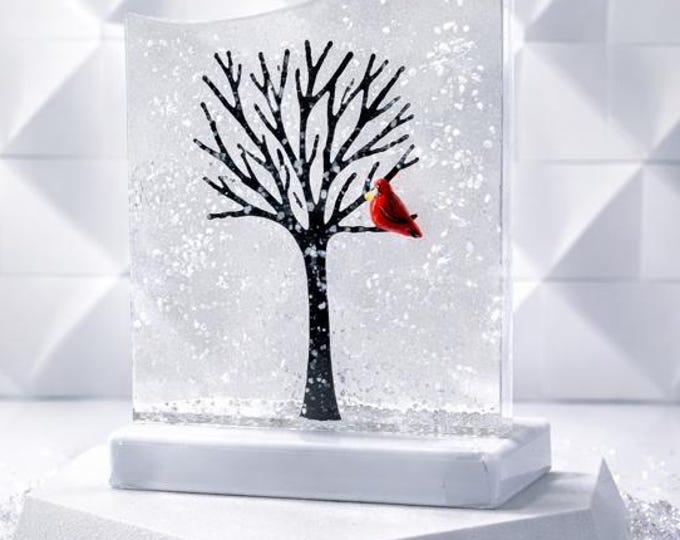 Fused Glass Winter Tree with Cardinal: Holiday Decor, Windowsill Art