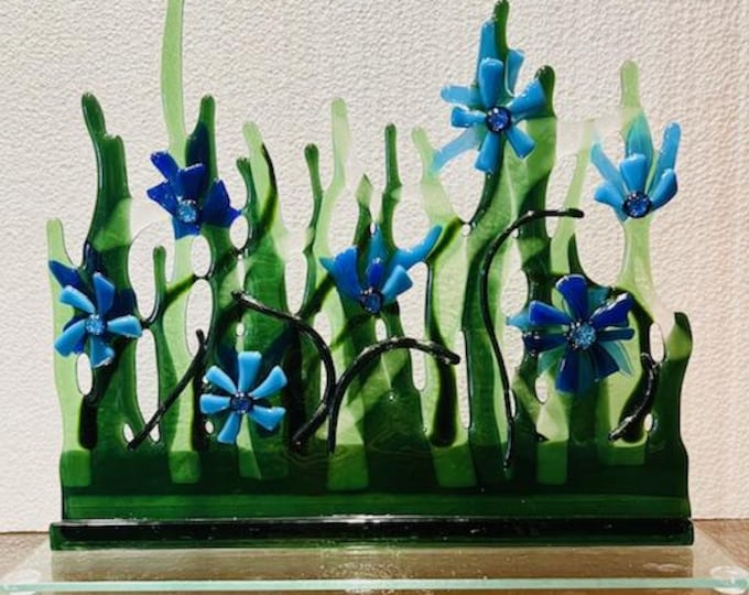 Fused Glass Blue Flower Sculpture, One of a kind modern flower sculpture , Glass Sculpture, Perpetual Flower Garden