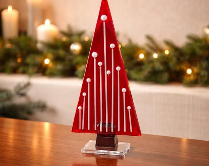 Fused Glass Christmas Tree, Red Holiday Decoration, Windowsill Art