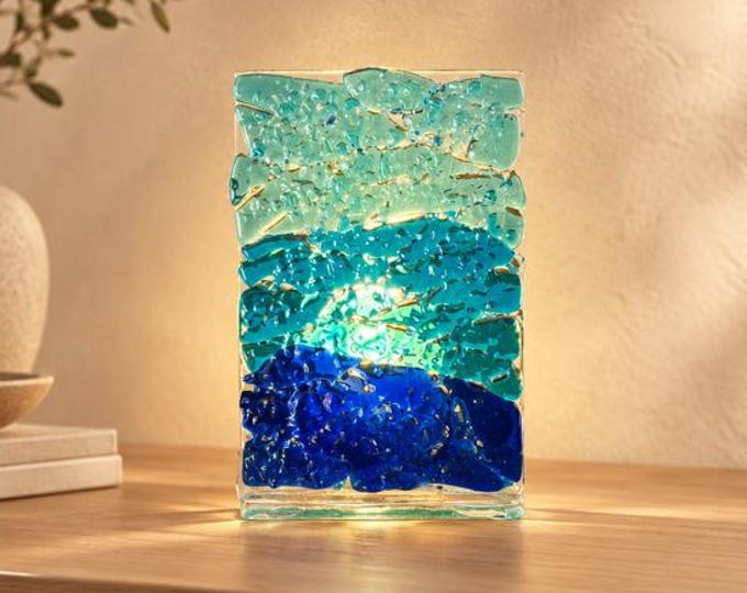 Fused Glass Ocean Tealight holder: Candle holder 2.5" x 3.5"