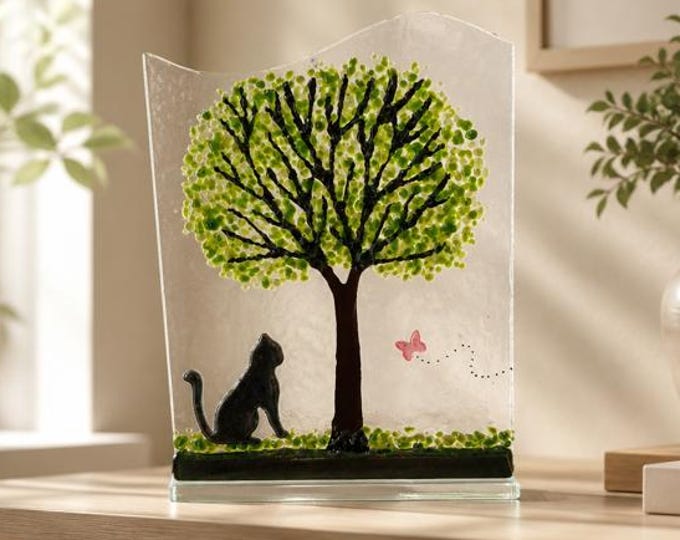 Fused Glass Cat and Butterfly Tree: Sun Catcher Window Art