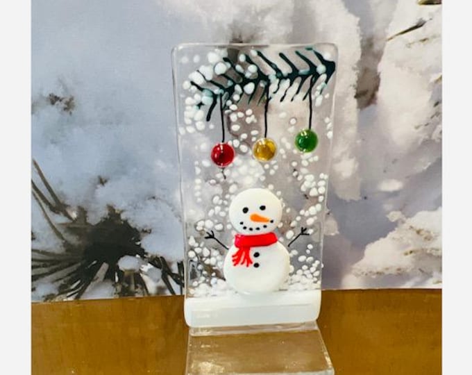 Fused Glass Snowman Shelf Art, Winter Decoration, Jolly Snowman with Christmas Balls Freestanding Art