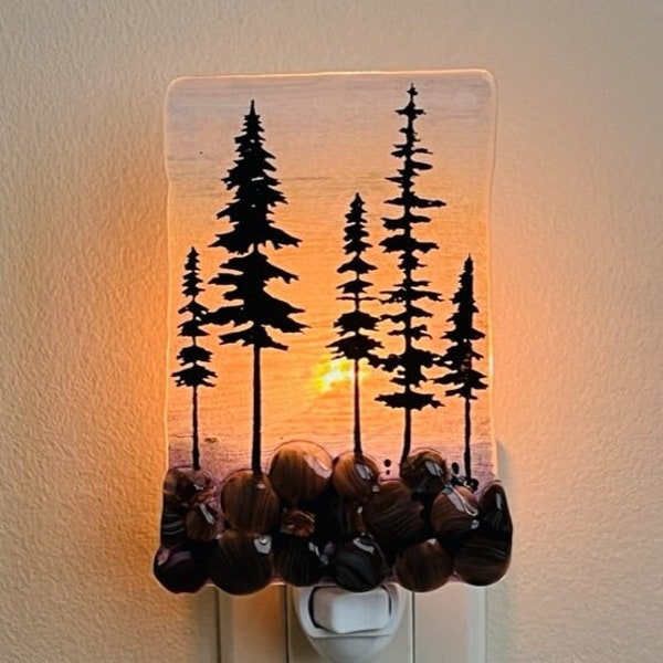 Northwoods Fused Glass Night Light, Bringing the Outdoors In, Bedroom, Bathroom, Hallway Light, Nature Inspired, Plug In Accent Light