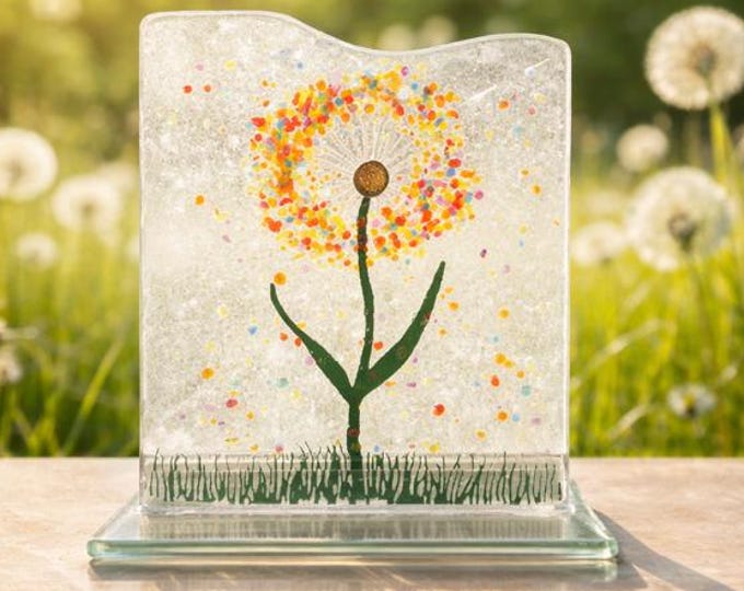 Fused Glass Dandelion Art: Colorful Everlasting Flower