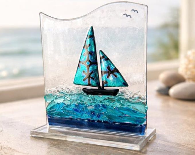 Fused Glass Sailboat on Water:  Sea Decor, Windowsill Art