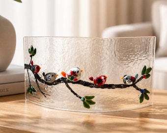 Birds on a branch Fused Glass Art: Curved Shelf Decor
