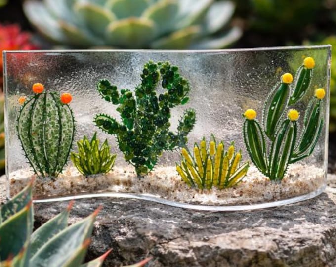 Fused Glass Cactus Garden Art: Desert Landscape Shelf Decor