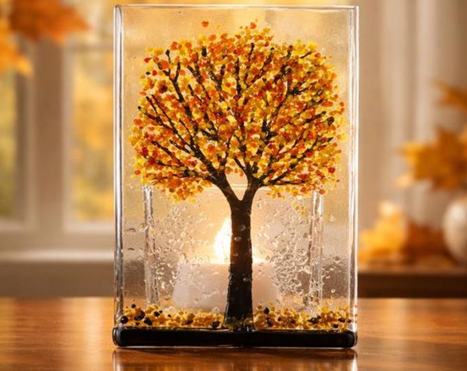 Fused Glass Autumn Leaves Candle Holder: Tree Tealight Votive