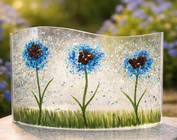 Blue Coneflower Fused Glass Art: Curved Window Sill Decor