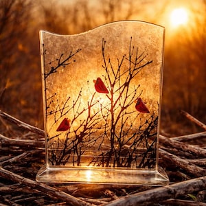 Fused Glass Cardinal Art: Bare Tree Branches with Three Cardinals