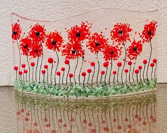 Poppy Fields Curved Fused Glass Window Sill Art, Curved Flower Art, Poppies Glass Curve, Bringing the Outdoors In